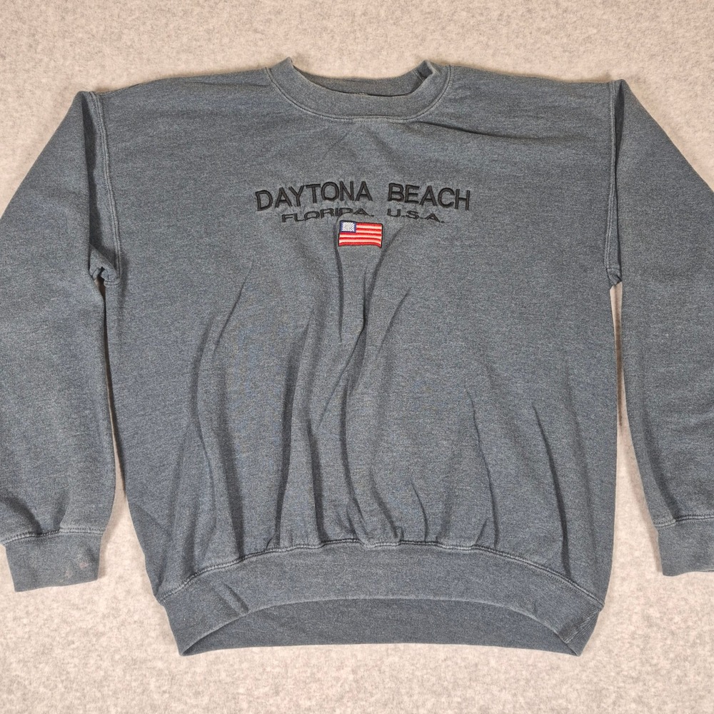 Gildan Sweatshirt Mens Medium Gray Daytona Beach Florida USA Embroidered Flag